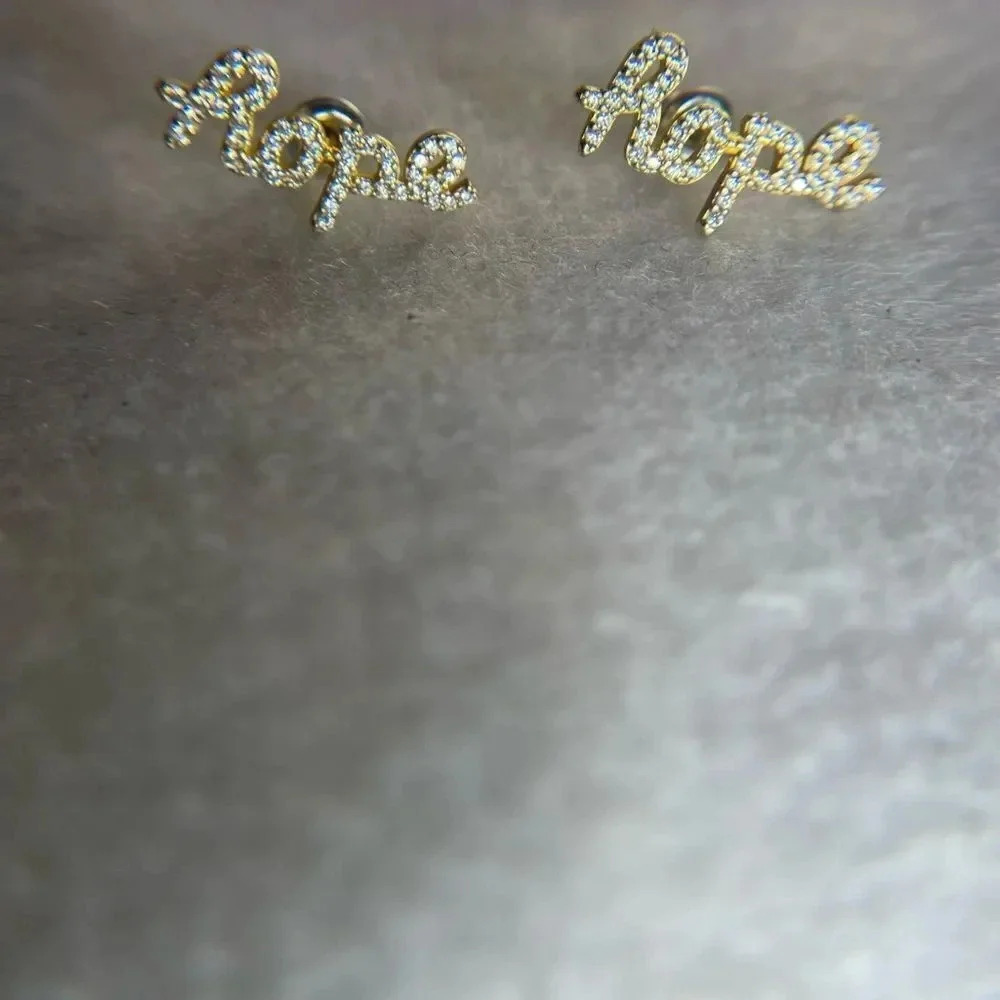 GOLD TONE DIAMOND PETITE SCRIPT HOPE EARRINGS POST BACK